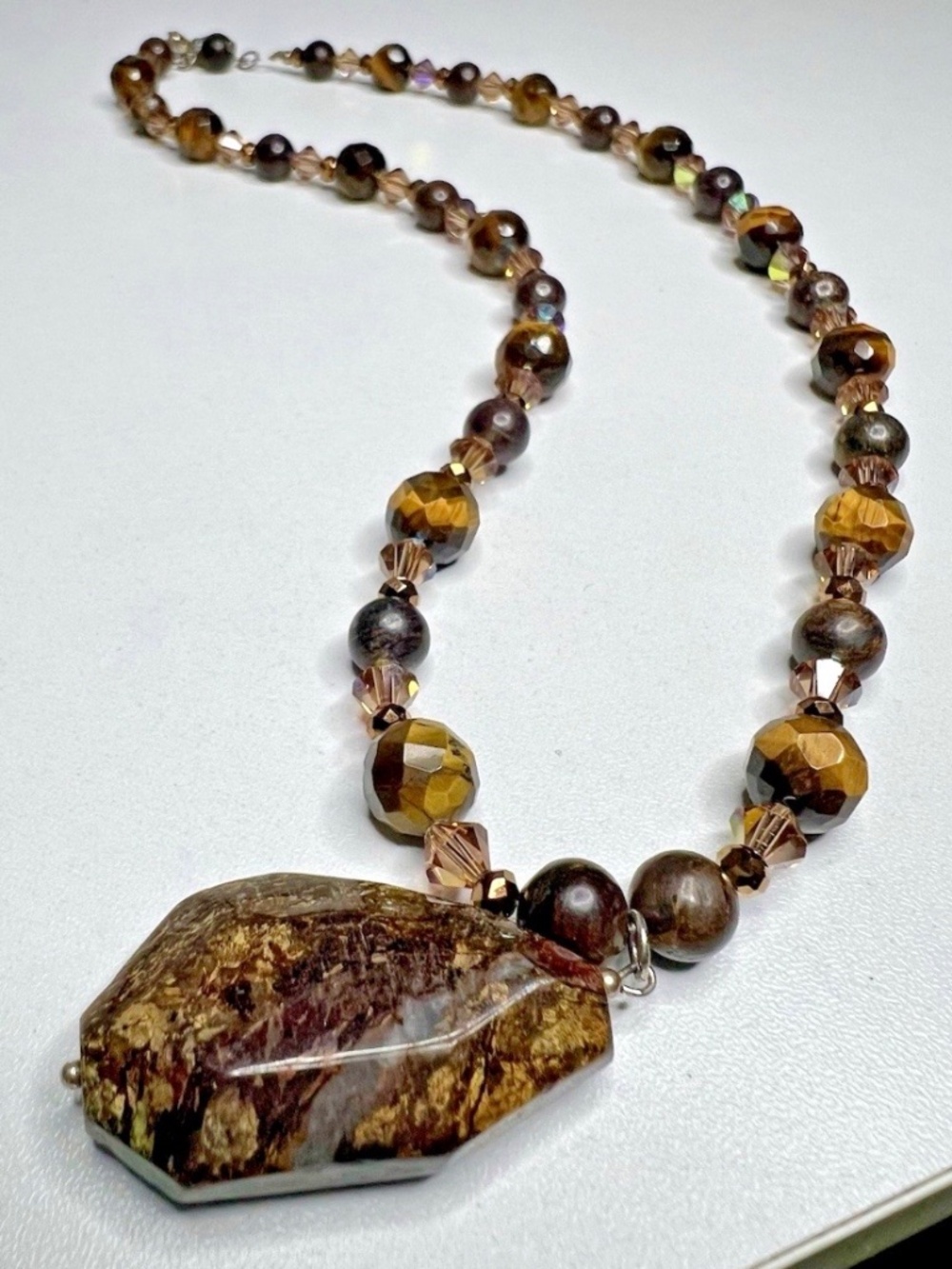 VTG TIGERS EYE Beaded 20" NECKLACE with Rutilated QUARTZ Pendant & Earrings SET